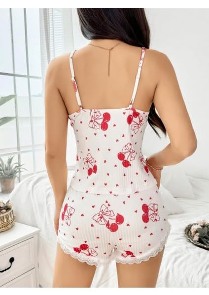 White Heart & Cherry Print Camisole Nightwear Set