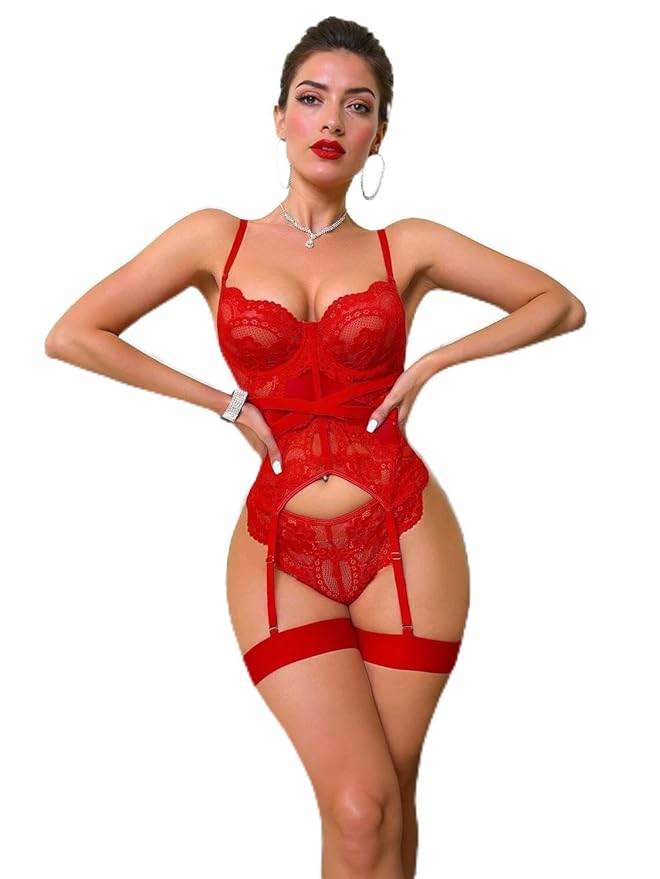 Womens Lace Net Babydoll Lingerie Set