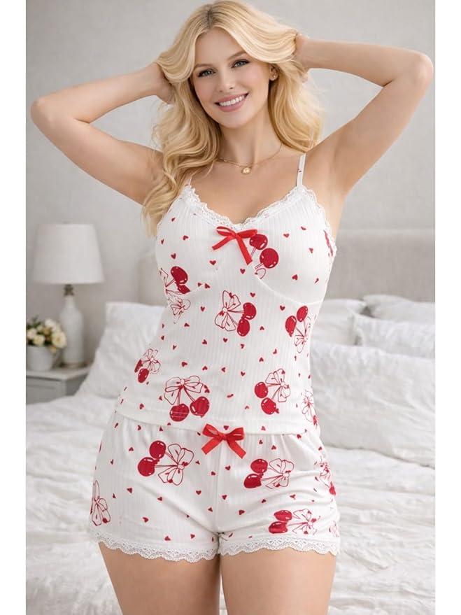 White Heart & Cherry Print Camisole Nightwear Set