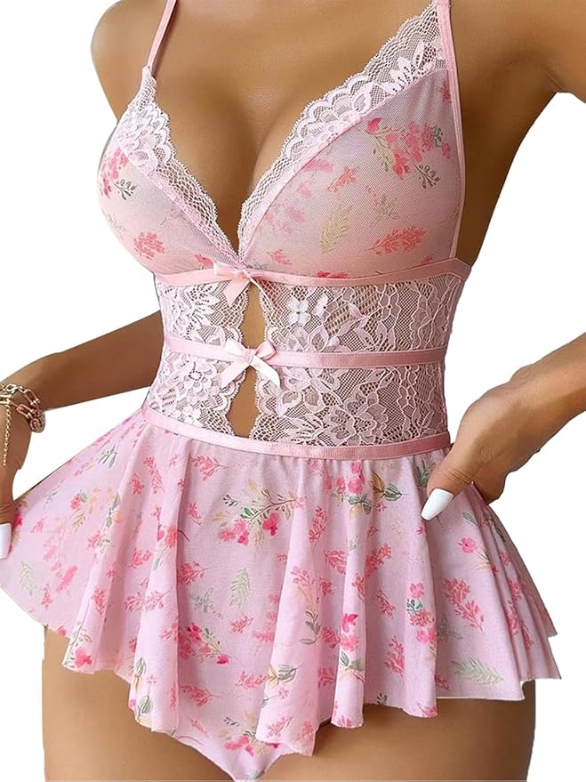 Women's Lingerie Sheer Floral Lace Mini Babydoll