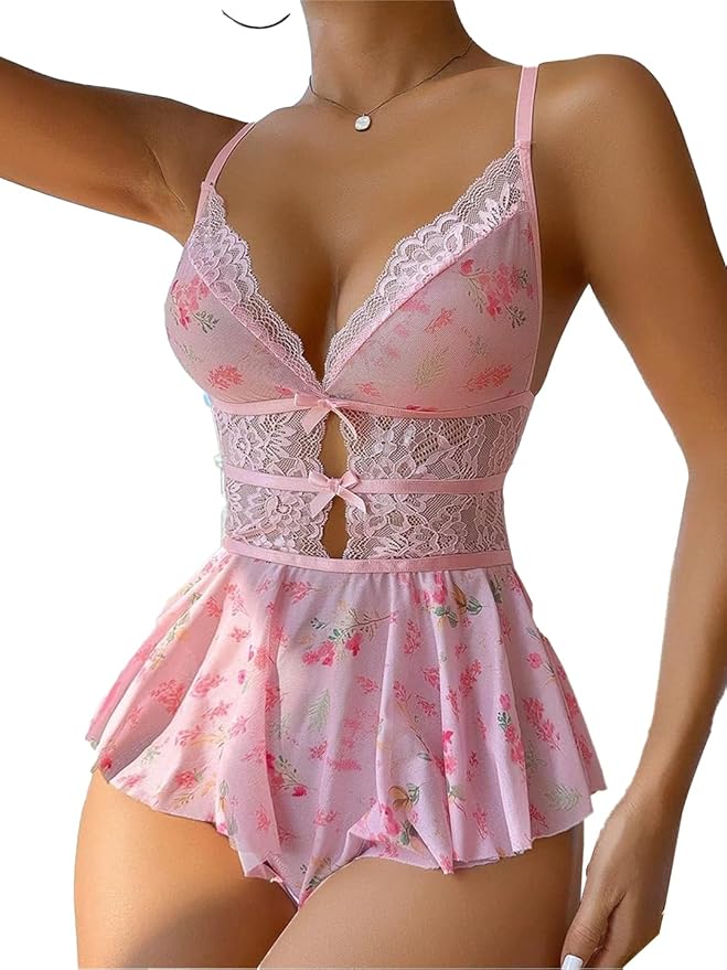 Women's Lingerie Sheer Floral Lace Mini Babydoll