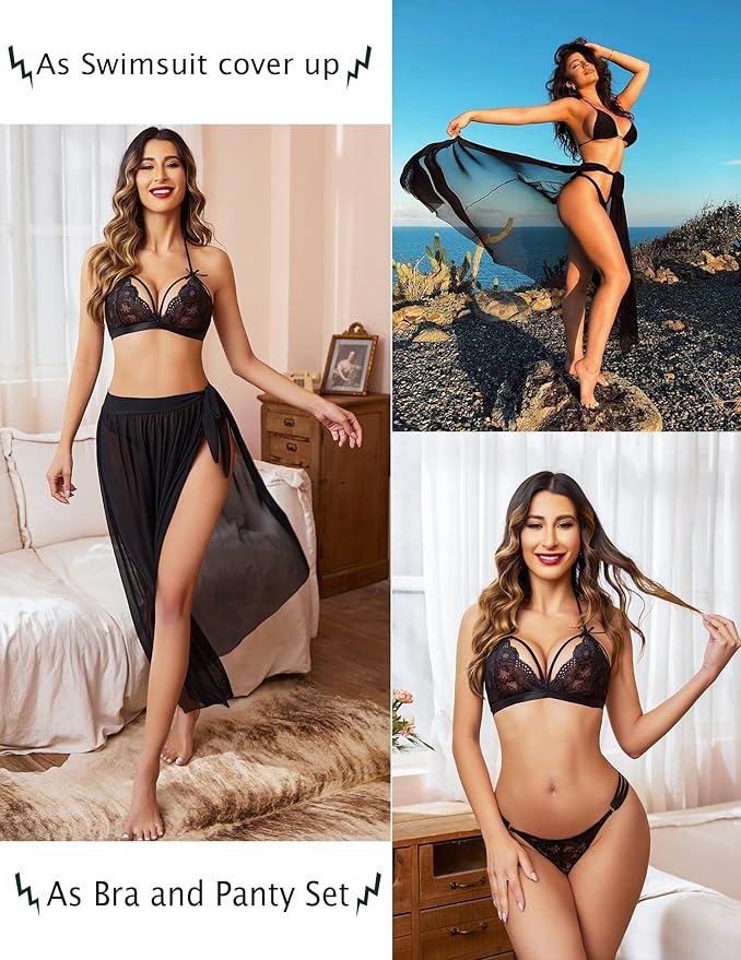 Lace Bra and Panty Set 3 Piece Lingerie Sexy Set with Mesh Skirt